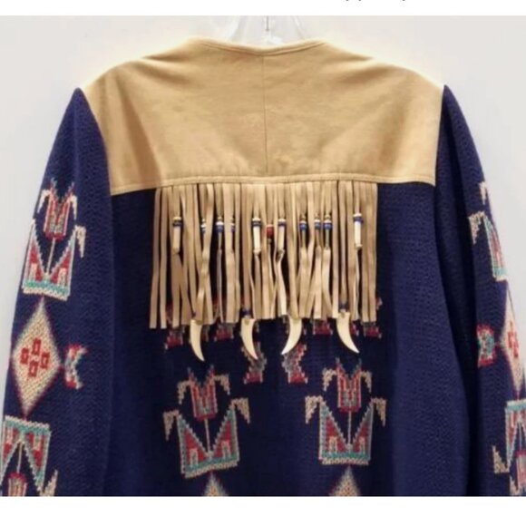 VTG Jean Sweet Original Knits USA Native Tribal Fringe Bead Coat Sweater Women L - Picture 5 of 7